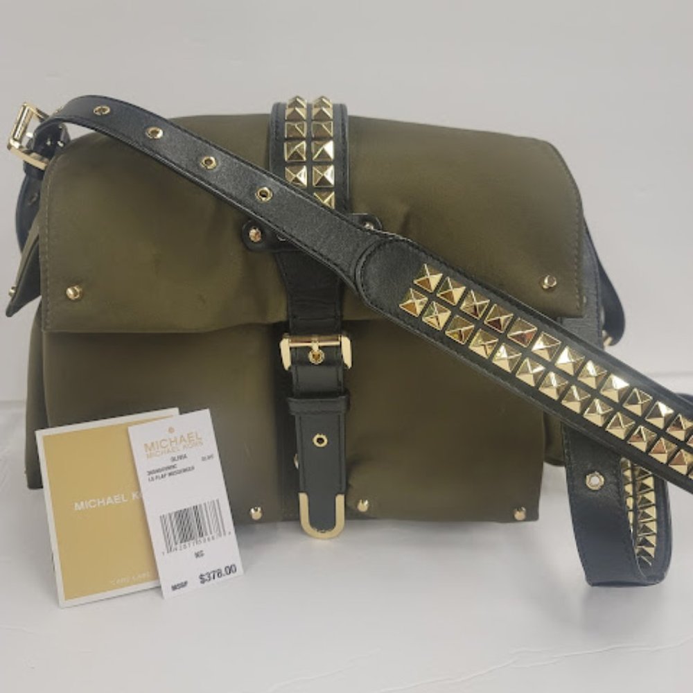 Michael Kors Olivia Large Studded Satin Messenger Bag Flap Purse Used 1x